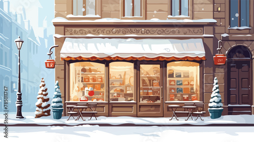Bakery shop in winter city street. Vector cartoon ill