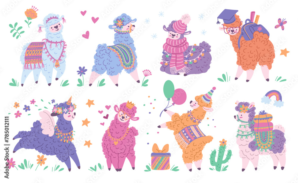 Fototapeta premium Set of colorful cute llamas, alpacas with different decorations, cartoon vector Llama alpaca unicorn, flowers, hearts