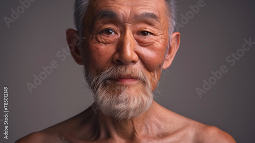 A asian old man with a beard and gray hair is smiling. The man has a serious expression on his face on a grey background