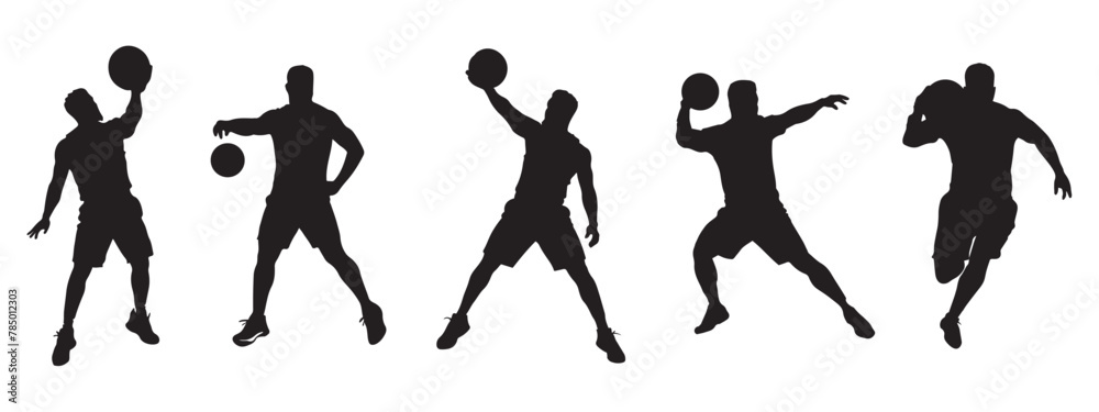 set of silhouettes of basketball players. Athletes with a ball in dynamic poses. Sports, healthy lifestyle, basketball