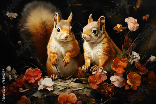 Energetic squirrel siblings chasing each other among the trees and flowers of a garden, creating a lively and charming scene. © Shani