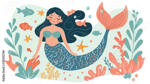 Cute cartoon mermaid under ocean vector illustration.