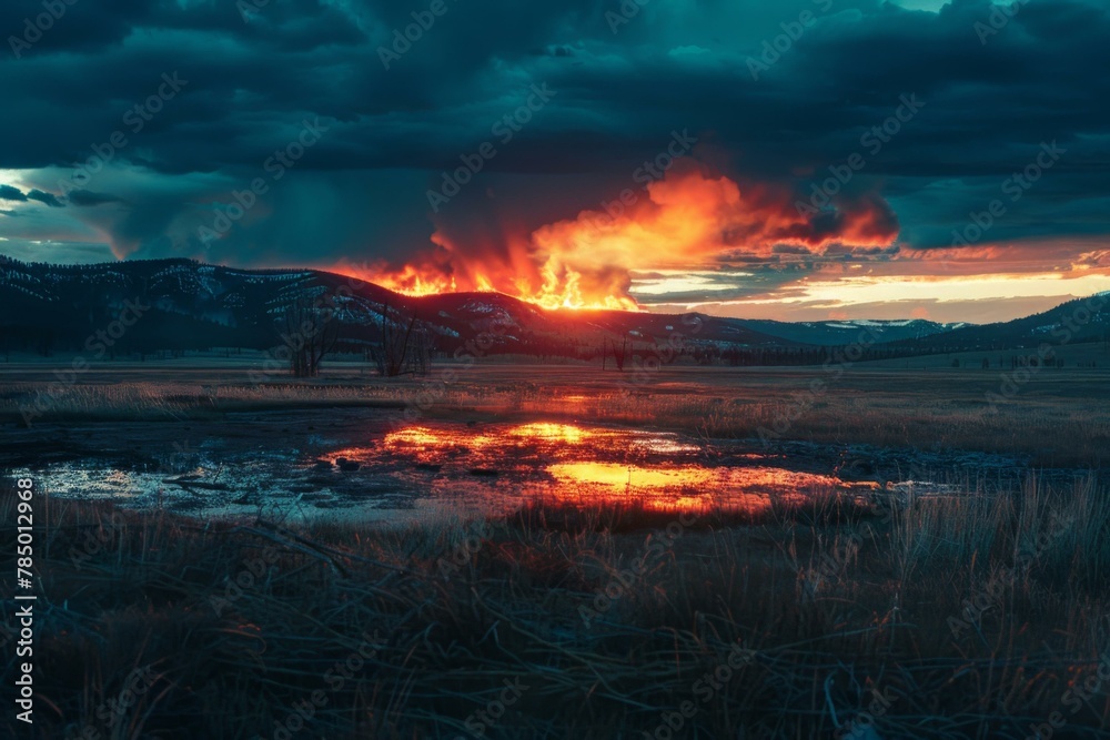 A sunset over a marshy area with a fire in the distance. Generative AI.