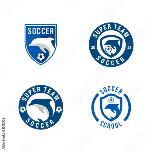 An Blue color soccer logo featuring a dolphin enclosed within a shield and circular emblem. This design offers a dynamic emblem, perfect for soccer teams or clubs.