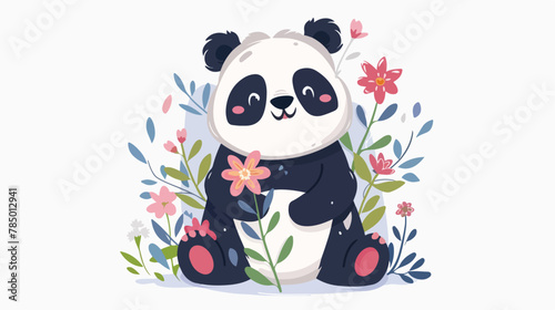 Cute Cartoon Panda with flowers on a white background