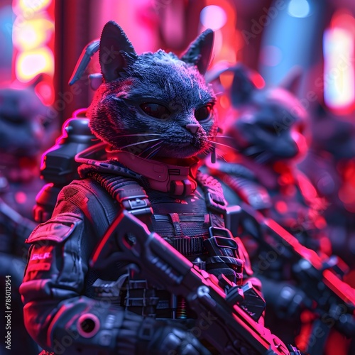 Highly Trained Feline Soldiers Poised for Covert Neon Lit Combat Engagement © Nurfadeelah