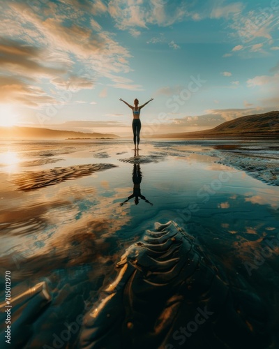 A woman standing on a beach with her arms outstretched. Generative AI.