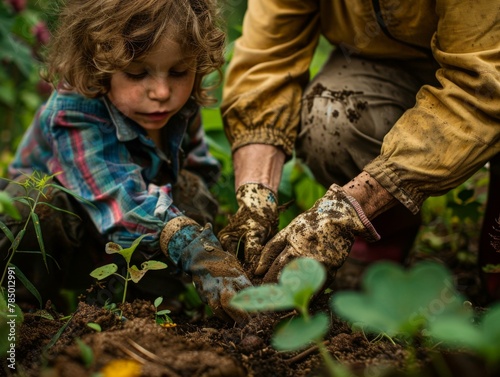 A man and a child are planting seeds in the dirt. Generative AI.