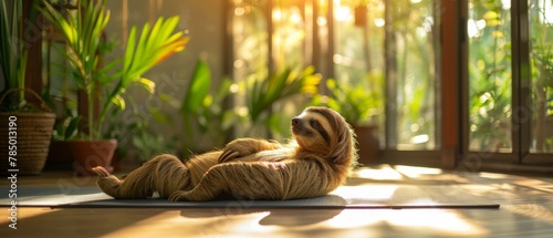 A sloth is laying on a yoga mat in front of the sun. Generative AI. photo