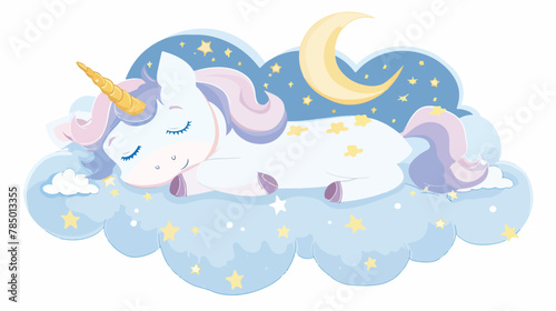 Cute cartoon unicorn sleeping on a cloud in the night