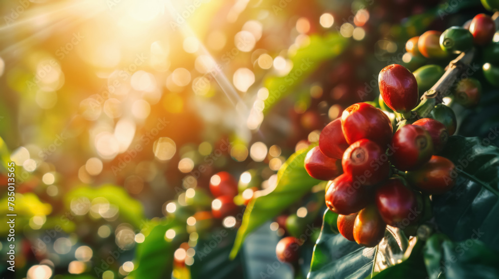 branch of ripe red coffee beans growing on plantation with sunshine branch of ripe red coffee beans growing on plantation with sunshine
