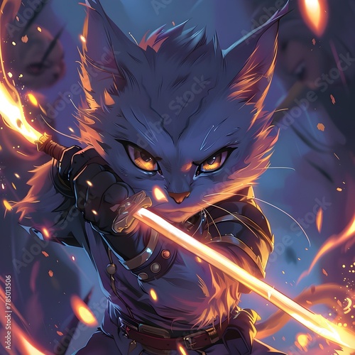 Fierce Feline Warrior A Courageous Cat King Brandishing a Magical Sword Amidst a Swirling Aura of Power