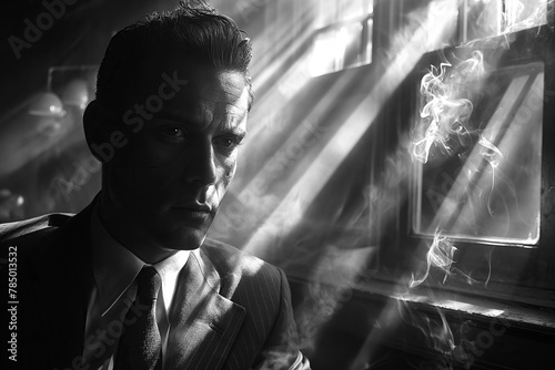 thoughtful male detective investigator smokes in the office. Retro black and white noir style photo