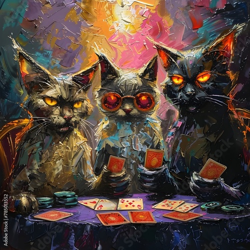 Genius Feline Competitors Engaged in High Stakes Poker Match with Intense and Strategic Focus