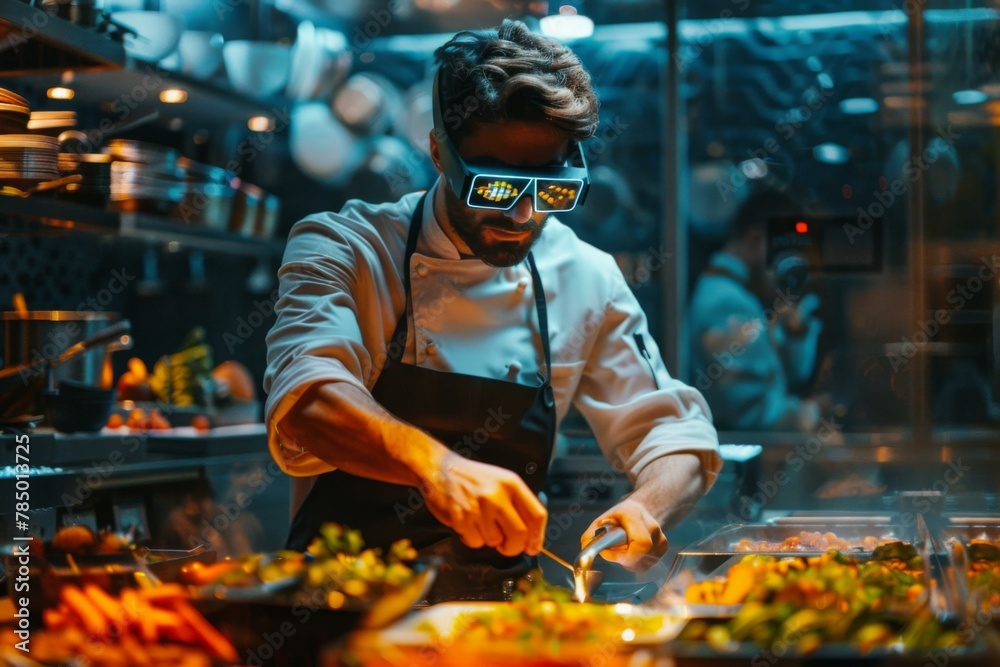 A man in a restaurant wearing sunglasses cooking food on the grill. Generative AI.