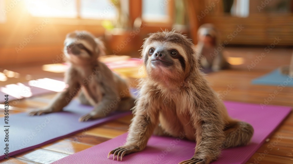 Obraz premium A sloth is sitting on a yoga mat with other animals. Generative AI.