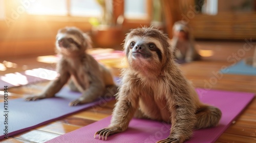 A sloth is sitting on a yoga mat with other animals. Generative AI. photo