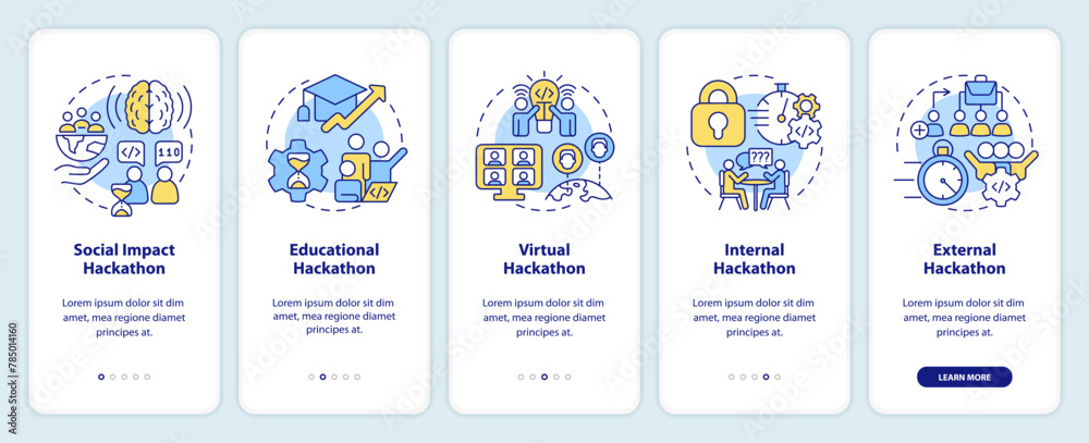 Naklejka premium Hackathons types onboarding mobile app screen. Tech events walkthrough 5 steps editable graphic instructions with linear concepts. UI, UX, GUI template. Myriad Pro-Bold, Regular fonts used