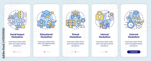 Hackathons types onboarding mobile app screen. Tech events walkthrough 5 steps editable graphic instructions with linear concepts. UI, UX, GUI template. Myriad Pro-Bold, Regular fonts used