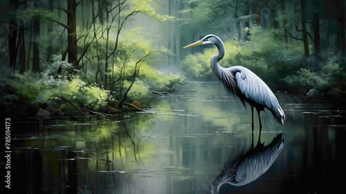 Elegant heron gracefully wading through a tranquil forest pond  its long neck and bill poised for a moment of serene stillness.