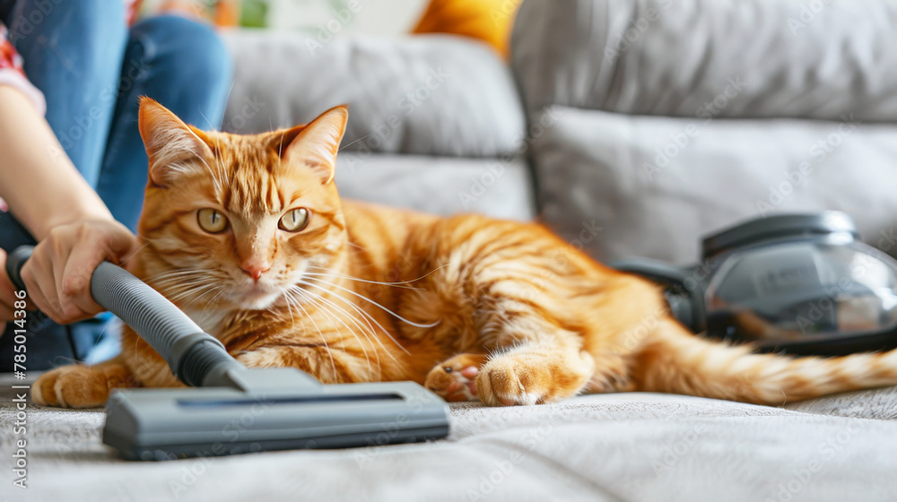 Female cat owner clean sofa from cat fur. Red cat lying near her. Female cat owner clean sofa from cat fur. Red cat lying near her.