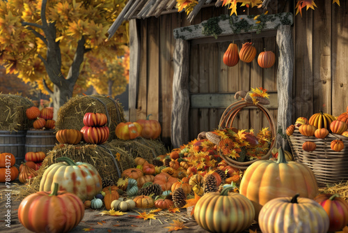 A cozy 3D scene with a background of a bountiful harvest  featuring pumpkins  cornucopias  and autumn leaves. Add rustic decorations to create a warm and inviting Thanksgiving halloween atmosphere.