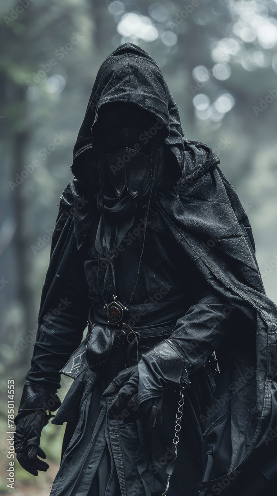 Savior of Earth: Faceless Figure in Black Hooded Costume Walking with Purpose Savior of Earth: Faceless Figure in Black Hooded Costume Walking with Purpose
