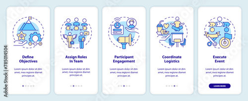 How to organize hackathon onboarding mobile app screen. Walkthrough 5 steps editable graphic instructions with linear concepts. UI, UX, GUI template. Myriad Pro-Bold, Regular fonts used