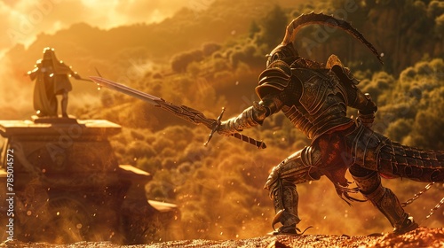 scorpion knight, epic duel, fantasy landscape backdrop, 