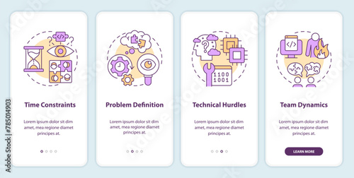 Hackathon challenges onboarding mobile app screen. Walkthrough 4 steps editable graphic instructions with linear concepts. UI, UX, GUI template. Myriad Pro-Bold, Regular fonts used