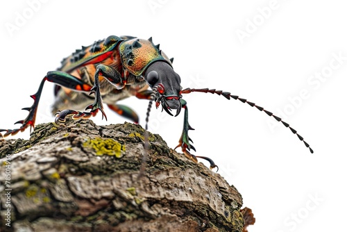 Mystic portrait of Rove Beetle on root in studio, The insect's back is visible, copy space on right side, Headshot, Close-up View,  photo