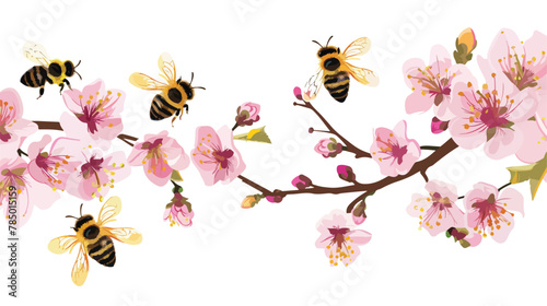 Bees gathering nectar from peach blossoms Flat vector © Jasmin
