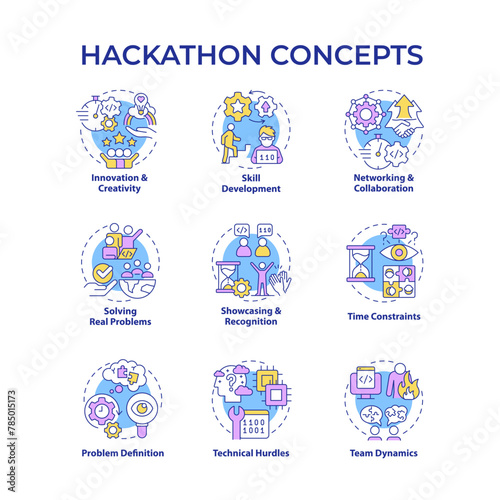 Hackathon multi color concept icons. Tech event for program developers. Tech solutions. Coding competition. Teamwork. Icon pack. Vector images. Round shape illustrations. Abstract idea © bsd studio