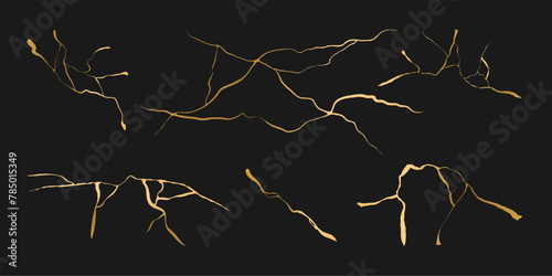 Gold kintsugi. Crack vector isolated elements on white backdrop. Golden texture. Broken ground pattern effect. Damaged glass background. Earthquake isolated concrete. Fissure set.