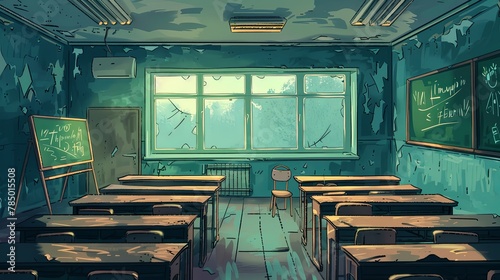 Abandoned school classroom, illustration, cartoon hand-drawing