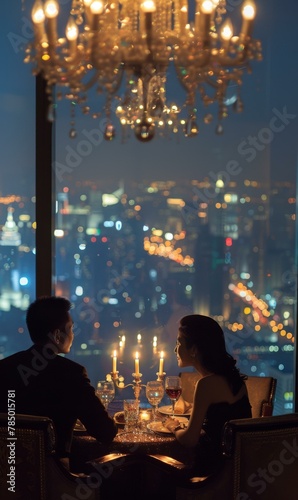 A couple sitting at a table with candles and chandelier.