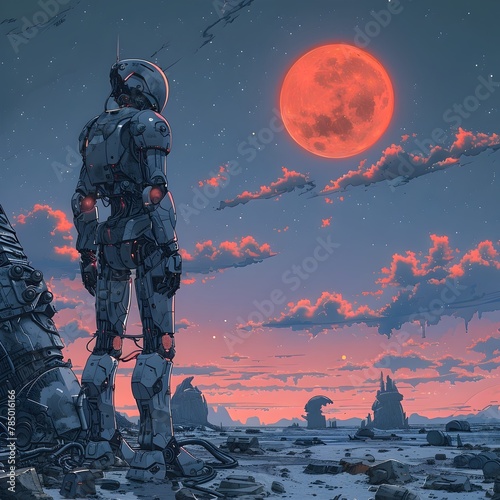 Lone Robot Warrior Standing Amidst the Haunting Dystopian Landscape of a Desolate Hell like World under a Crimson Moon