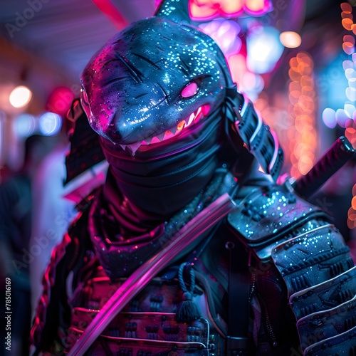 Samurai at Shark Themed Neon Disco Party Striking Close Up with Shimmering Lights and Futuristic Atmosphere