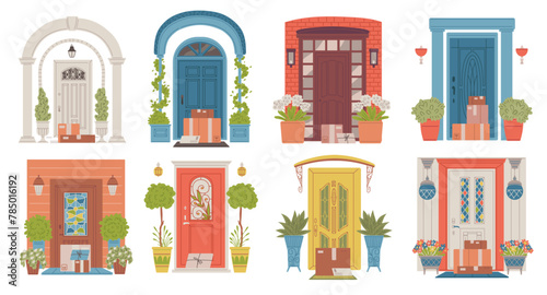 Various home entrance doors vector set, house porch with arch, flower pots and lanterns, delivery boxes and post package