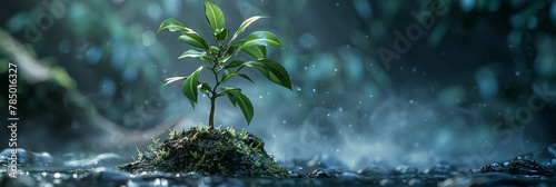 A lonely fresh small green plant dark rainy jungle in background #785016327