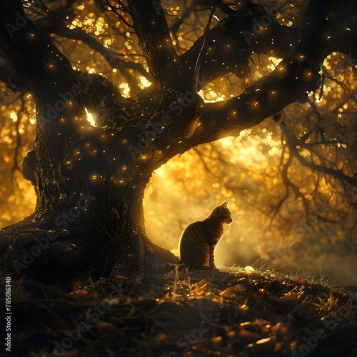 Mystical Tree Illuminated by Ethereal Light with Nestled Cat in Atmospheric Forest Scene