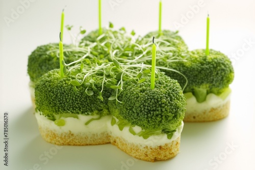 A close up of a cake with broccoli and green . Generative AI.