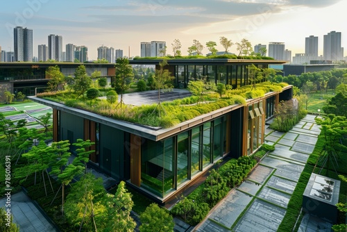A modern house with a green roof and lush greenery. Generative AI. photo