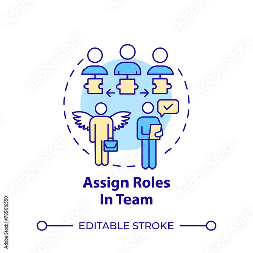 Assign roles in team multi color concept icon. Hackathon organization. Gather team. Team members. Round shape line illustration. Abstract idea. Graphic design. Easy to use in promotional materials