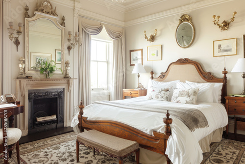 master bedroom in an old Victorian style home, fireplace with white marble and brass accents, large bed with silk bedding, patterned carpet, vintage desk, large windows overlooking the garden