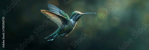 A small bird hovering with wings extended with blur background photo