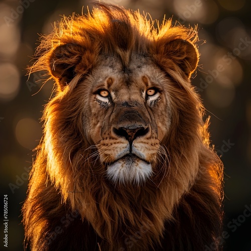 Majestic Lion in Glowing Golden African Sunset Powerful Predator Portrait