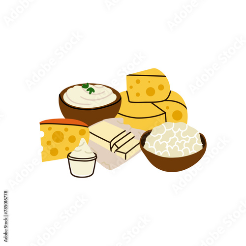 Dairy products set. Milk, kefir and yogurt in cardboard packaging containers, glass bottle. Different cheese, butter and cream. Organic farm healthy food. Vector cartoon flat isolated illustration