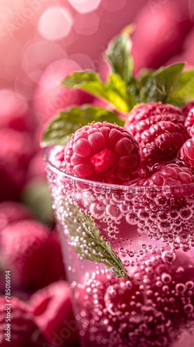 A close up of a glass filled with raspberries and water. Generative AI.