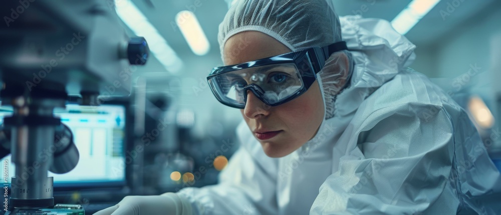 A woman in a lab coat working on something. Generative AI. A woman in a lab coat working on something. Generative AI.